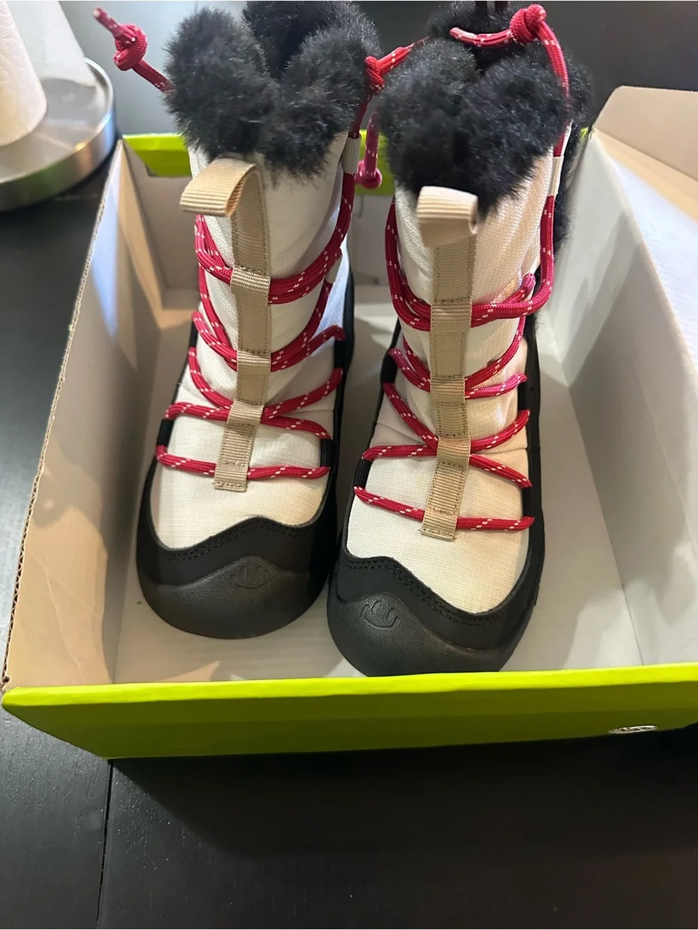 Kids Insulated Snow Boot with Faux Fur Trim - Beige and Black